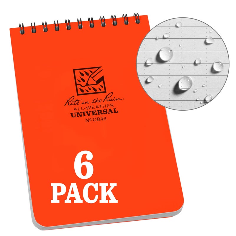 Rite in the Rain Weatherproof Top Spiral Notebook, 4" x 6", Orange Cover, Universal Pattern, 6 Pack (No. OR46L6) - Image 5